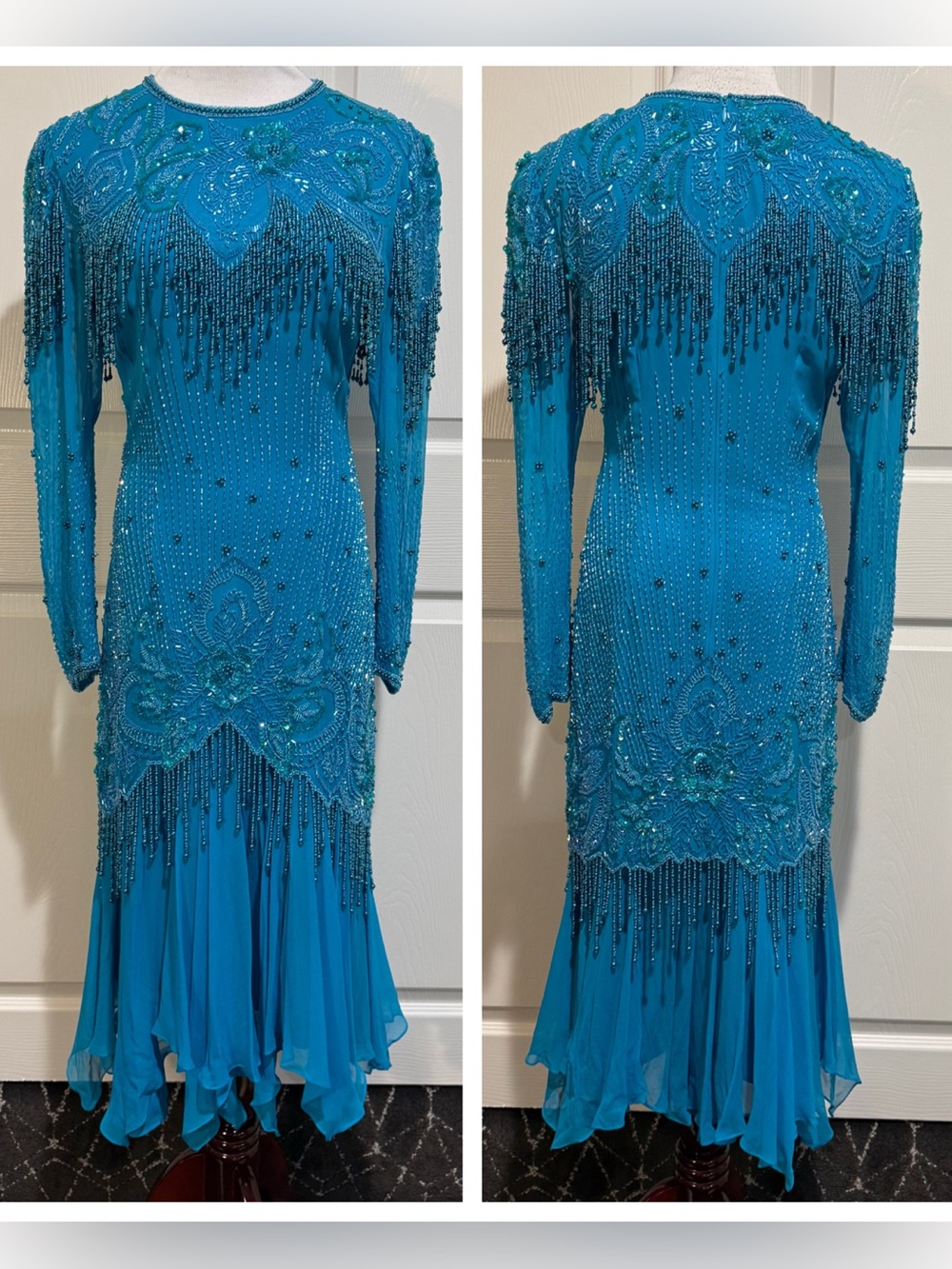 Vintage Lillie Rubin Hand Beaded Silk Fringe Dress Teal Blue